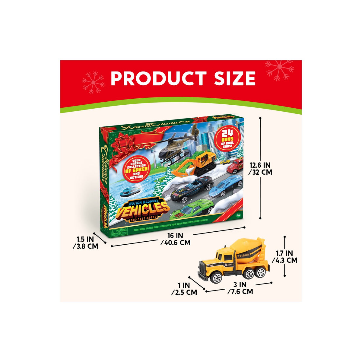 Mini Vehicle Countdown Calendar with 24 Tiny 1:64 Scale Cars and Trucks Behind Numbered Doors