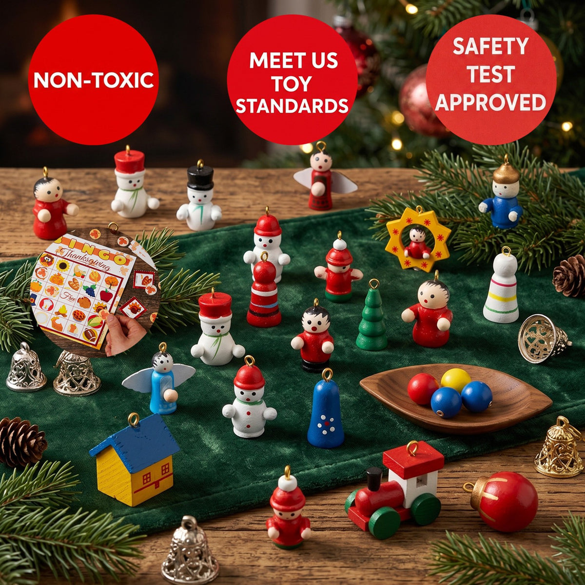 Mini Tabletop Christmas Tree Countdown Calendar with 24 Wooden Ornaments to Hang Daily