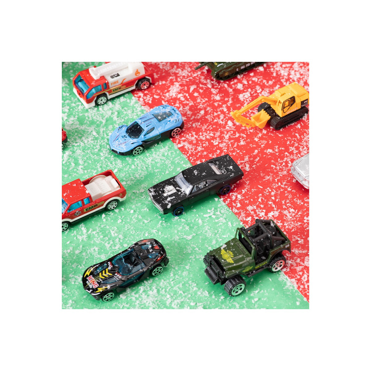 Mini Vehicle Countdown Calendar with 24 Tiny 1:64 Scale Cars and Trucks Behind Numbered Doors