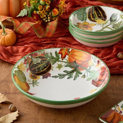 Autumn Botanical Ceramic Serving Bowl with Pumpkin and Leaf Print 13 Inch