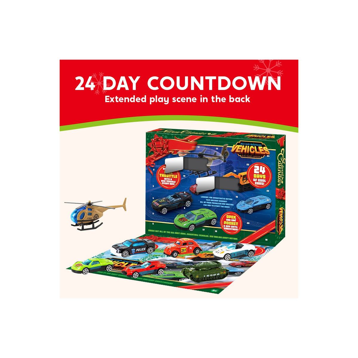 Mini Vehicle Countdown Calendar with 24 Tiny 1:64 Scale Cars and Trucks Behind Numbered Doors