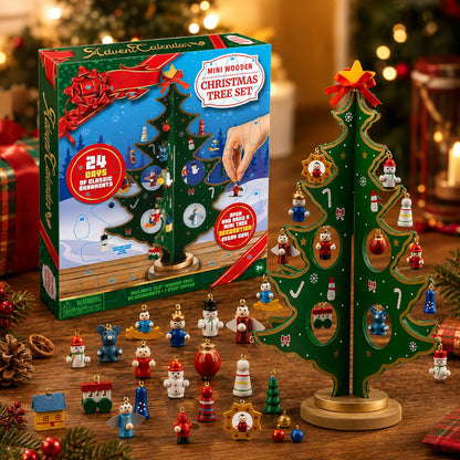 Mini Tabletop Christmas Tree Countdown Calendar with 24 Wooden Ornaments to Hang Daily