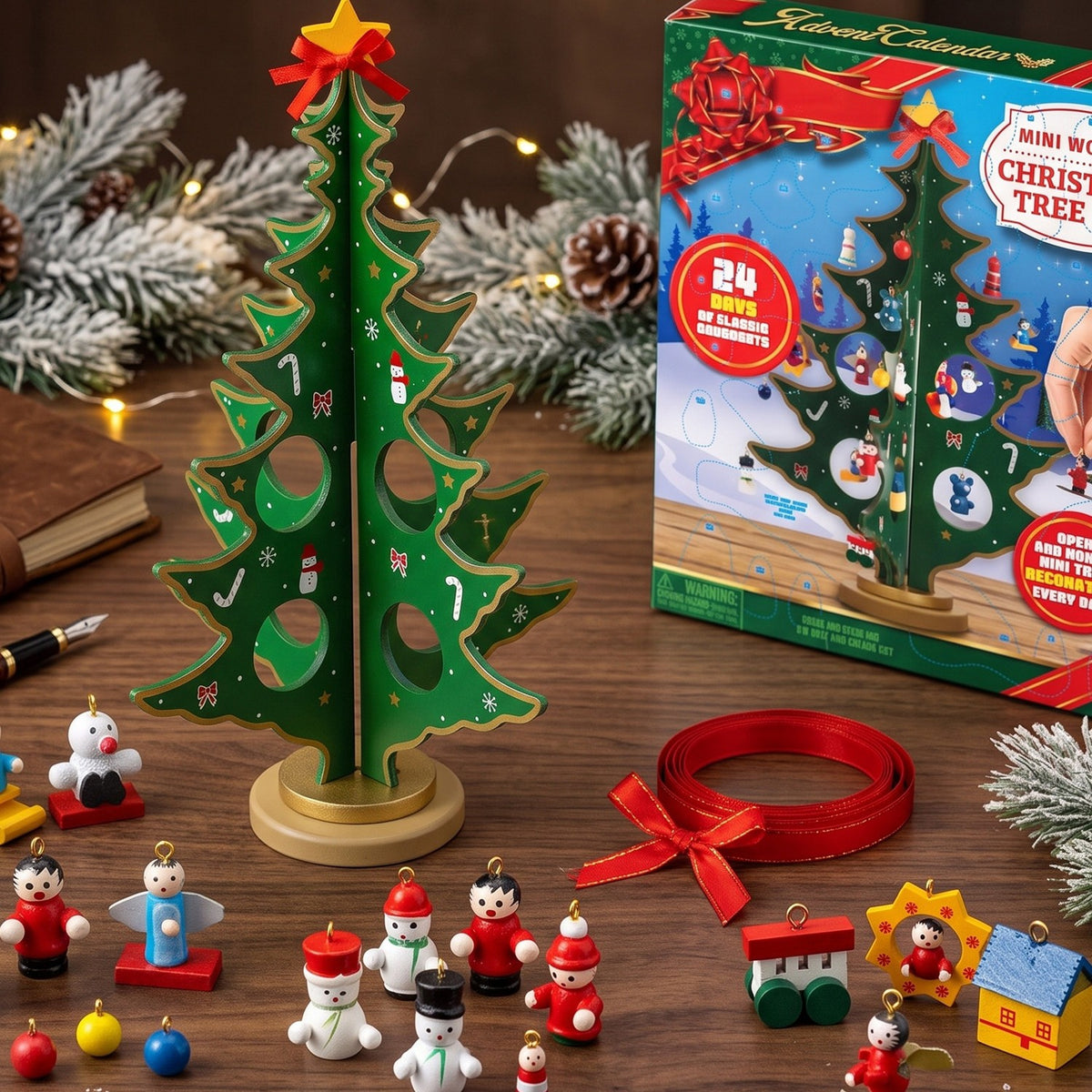 Mini Tabletop Christmas Tree Countdown Calendar with 24 Wooden Ornaments to Hang Daily