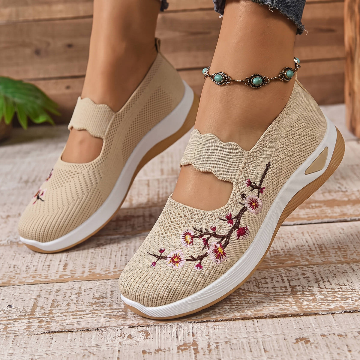 Women's Breathable Mesh Mary Jane Sneakers with Elastic Instep Strap and Textured Tread Sole
