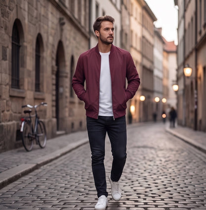 Men's Bomber Jacket with Metal Zipper, Rib Knit Collar and Matte Wind-Resistant Finish