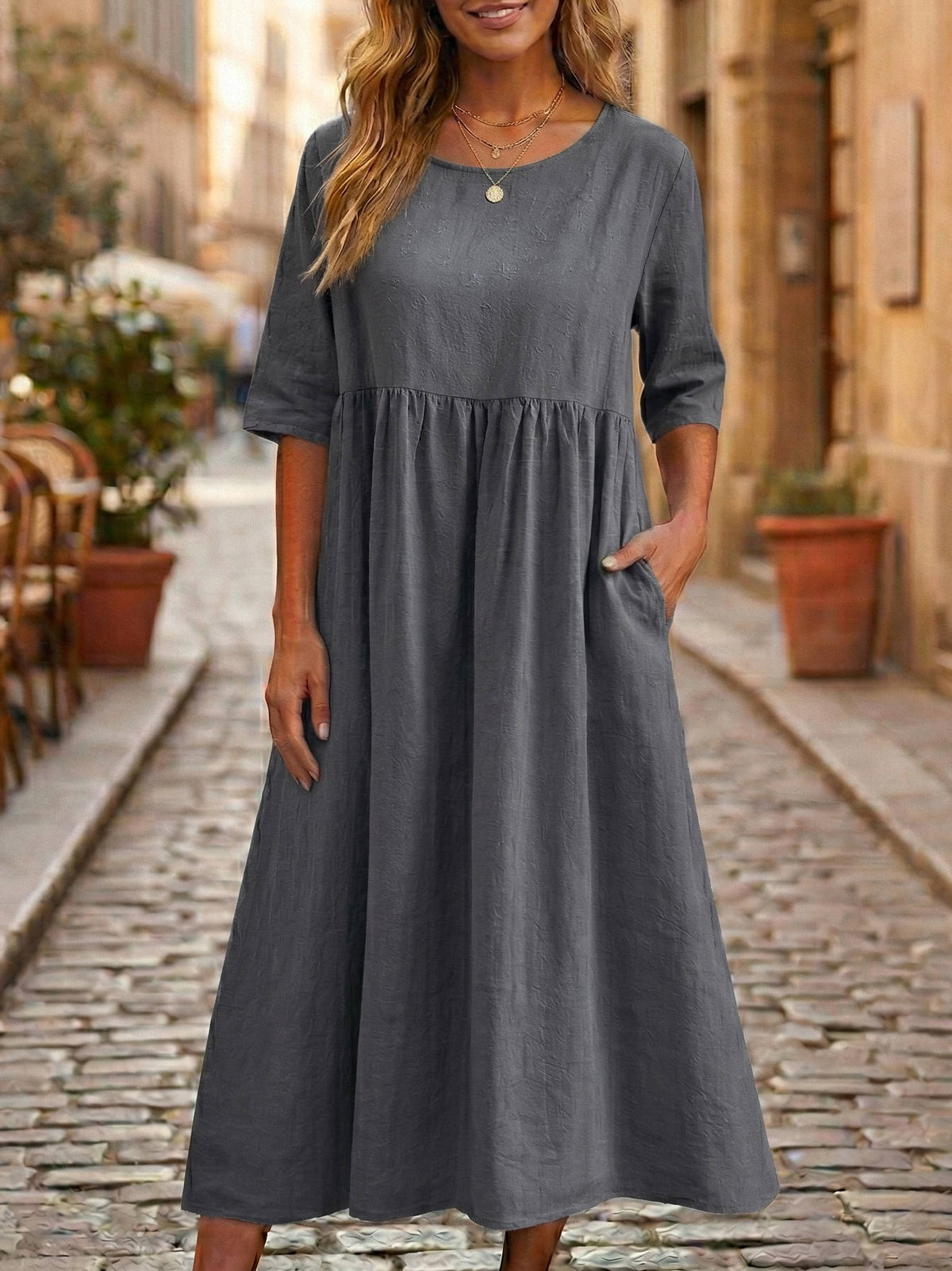 Linen Midi Dress with Empire Waist and Three Quarter Sleeves, Hidden Pockets