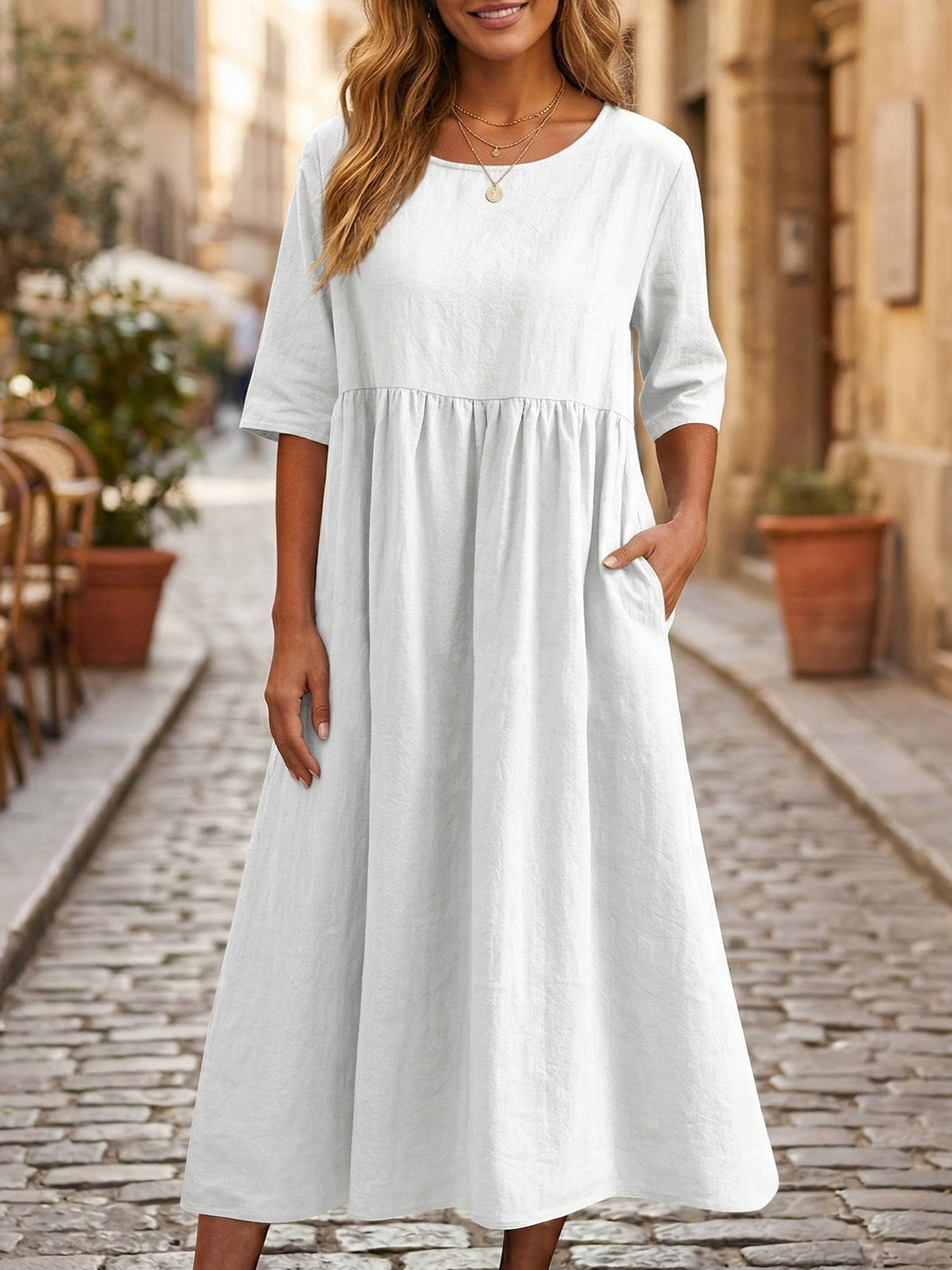 Linen Midi Dress with Empire Waist and Three Quarter Sleeves, Hidden Pockets