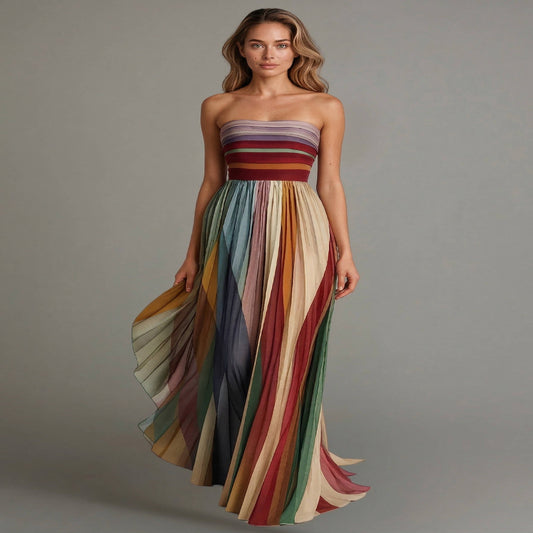 Strapless Maxi Dress with Internal Boning and Vertical Stripe Design, Floor Length