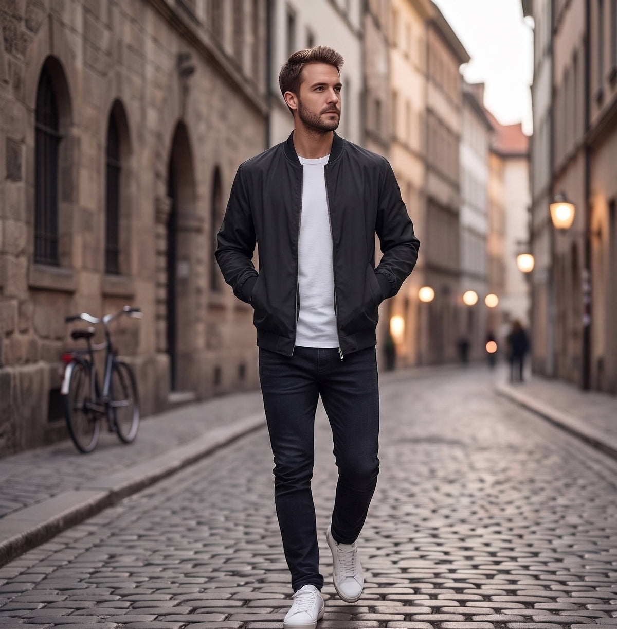 Men's Bomber Jacket with Metal Zipper, Rib Knit Collar and Matte Wind-Resistant Finish