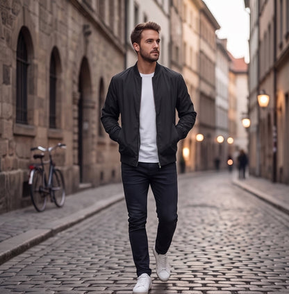 Men's Bomber Jacket with Metal Zipper, Rib Knit Collar and Matte Wind-Resistant Finish