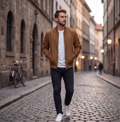 Men's Bomber Jacket with Metal Zipper, Rib Knit Collar and Matte Wind-Resistant Finish