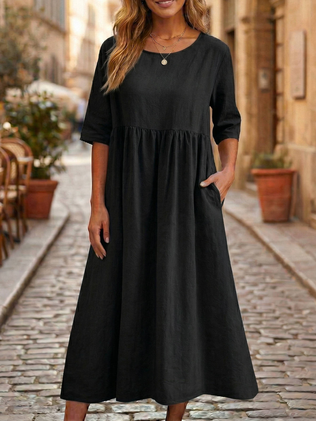 Linen Midi Dress with Empire Waist and Three Quarter Sleeves, Hidden Pockets