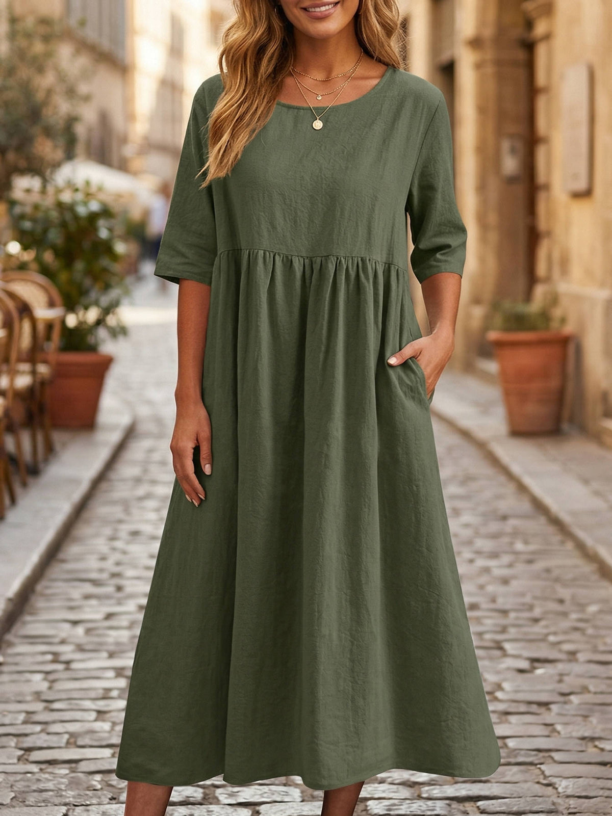 Linen Midi Dress with Empire Waist and Three Quarter Sleeves, Hidden Pockets