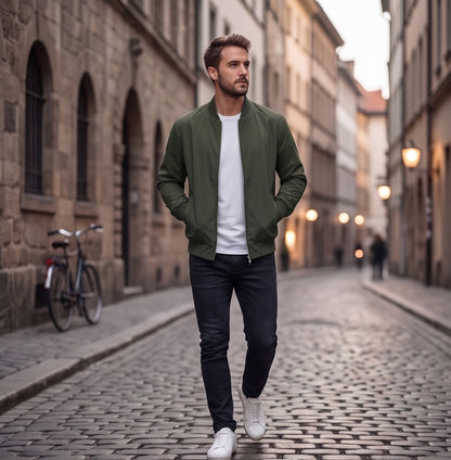 Men's Bomber Jacket with Metal Zipper, Rib Knit Collar and Matte Wind-Resistant Finish