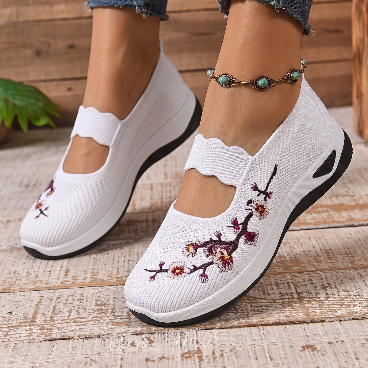 Women's Breathable Mesh Mary Jane Sneakers with Elastic Instep Strap and Textured Tread Sole