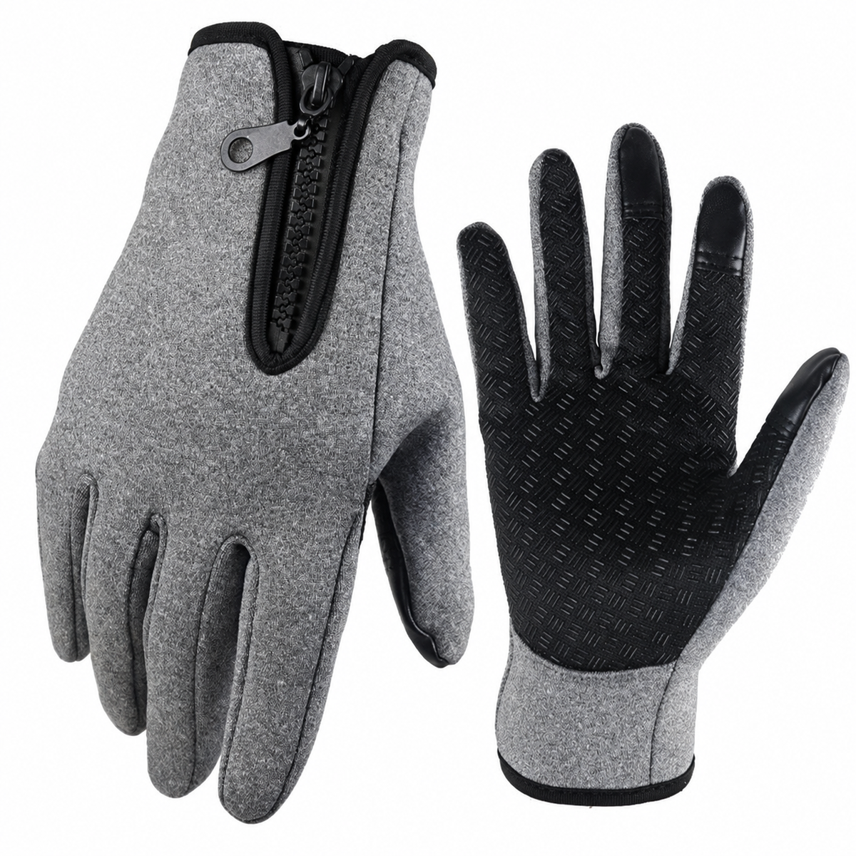 Touchscreen Winter Gloves with Silicone Palm Grip and Zippered Wrist Cuff