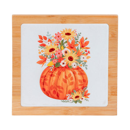 Ceramic and Wood Trivet with Autumn Pumpkin Design, 7.8 Inch Square