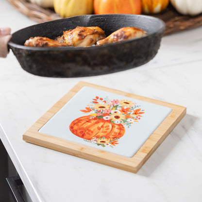 Ceramic and Wood Trivet with Autumn Pumpkin Design, 7.8 Inch Square