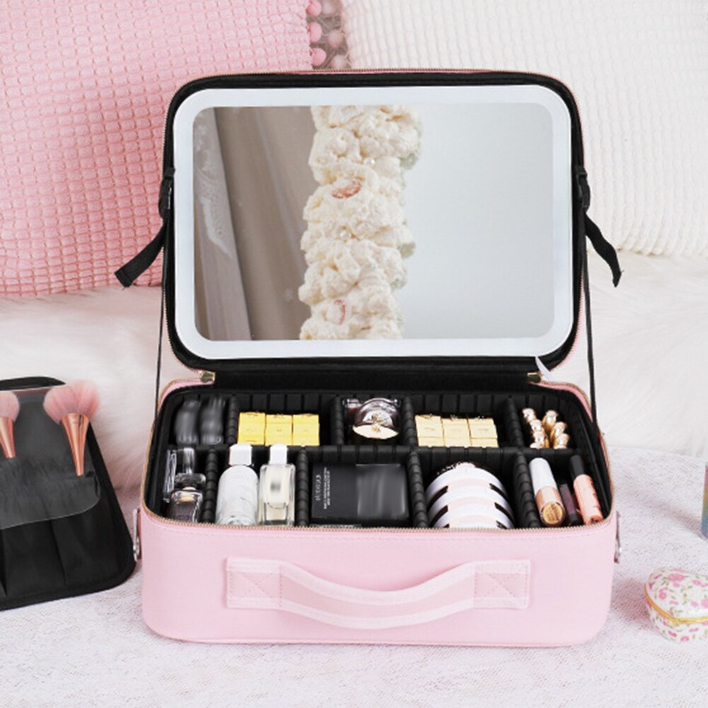 Makeup Storage Case with LED Mirror and Multiple Compartments