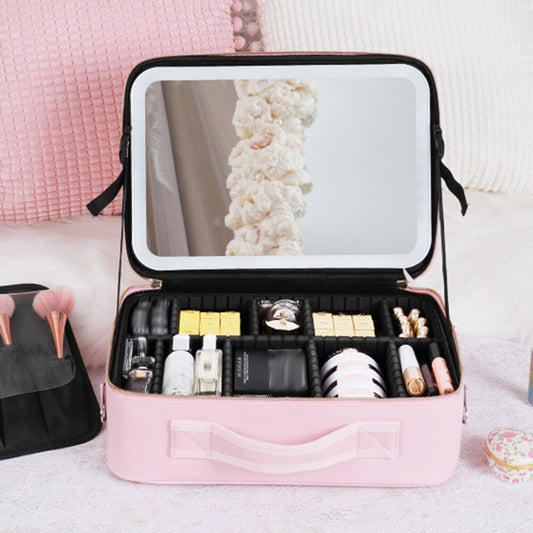 Makeup Storage Case with LED Mirror and Multiple Compartments