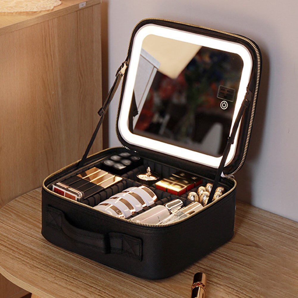 Makeup Storage Case with LED Mirror and Multiple Compartments