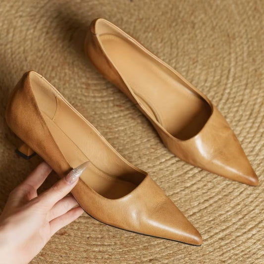 Pointed Toe Leather Pumps with Slip-On Design and 1.8 Inch Heel for Women
