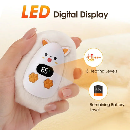 Rechargeable Cat Hand Warmer with Digital Display and 3 Heat Settings