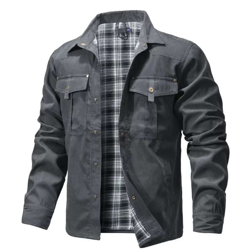 Mens Flannel Lined Western Shirt Jacket with Snap Button Front, Yoke Seams and Chest Pockets in Six Colors