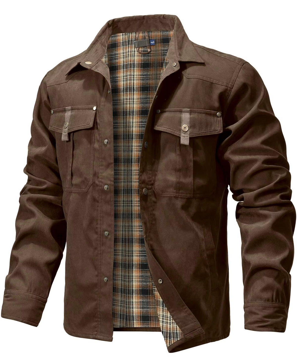 Mens Flannel Lined Western Shirt Jacket with Snap Button Front, Yoke Seams and Chest Pockets in Six Colors