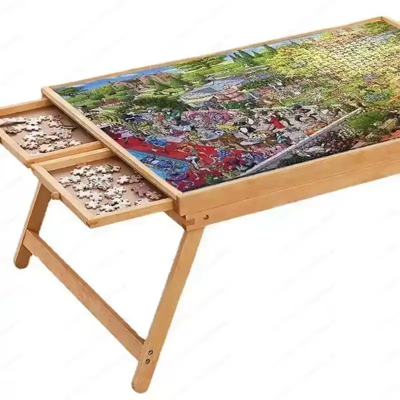 Folding Wooden Puzzle Table with Four Side Drawers for Sorting, Holds Up to 1500 Pieces