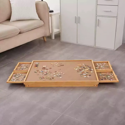 Folding Wooden Puzzle Table with Four Side Drawers for Sorting, Holds Up to 1500 Pieces