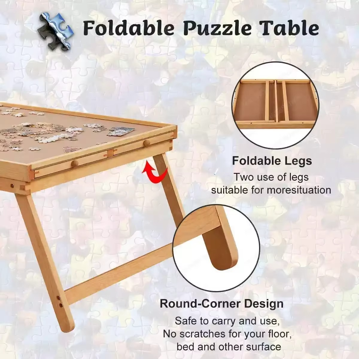Folding Wooden Puzzle Table with Four Side Drawers for Sorting, Holds Up to 1500 Pieces