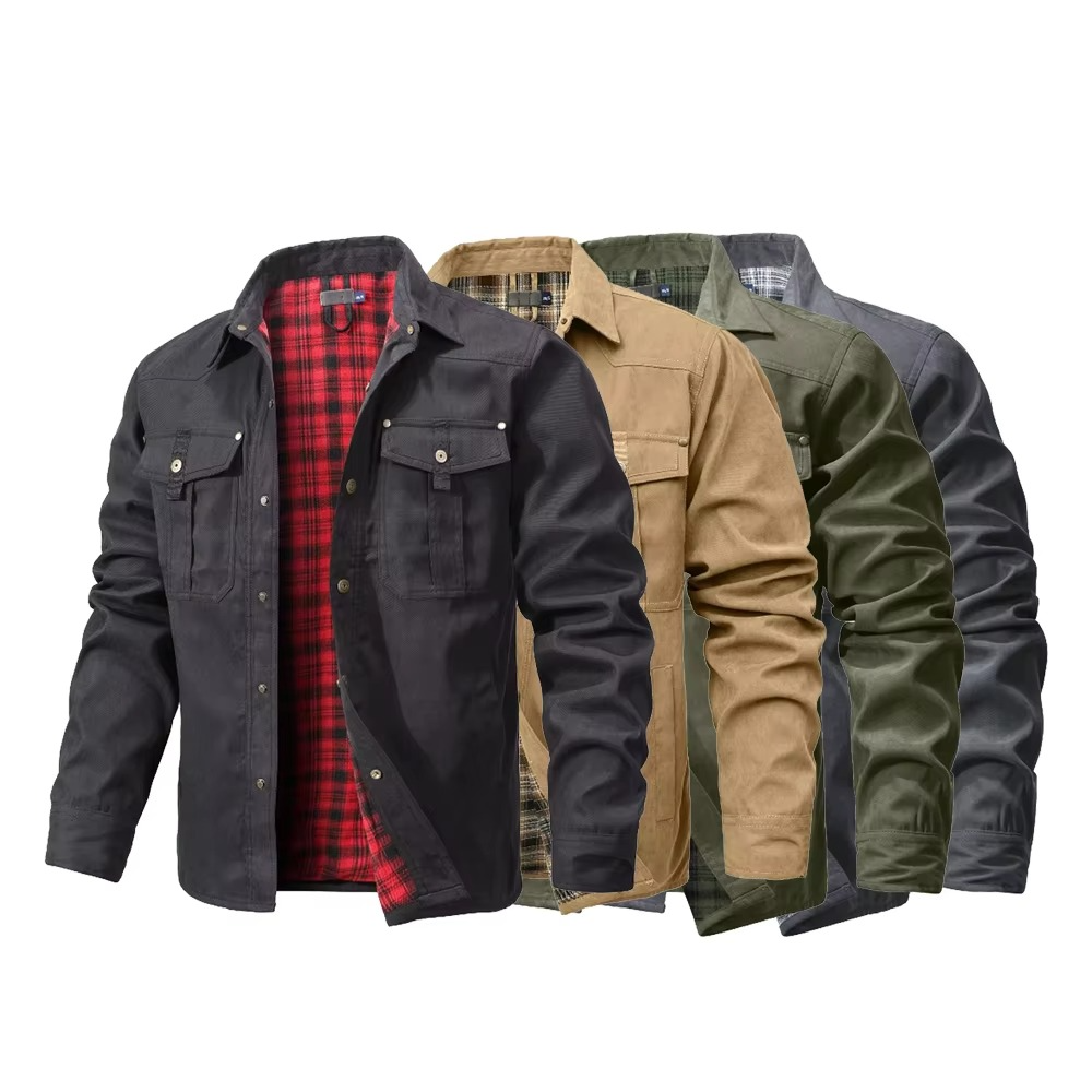 Mens Flannel Lined Western Shirt Jacket with Snap Button Front, Yoke Seams and Chest Pockets in Six Colors
