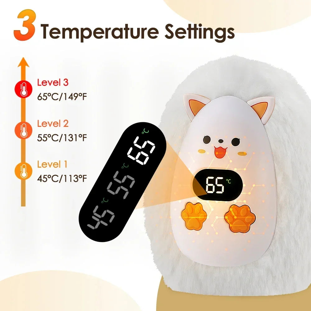 Rechargeable Cat Hand Warmer with Digital Display and 3 Heat Settings