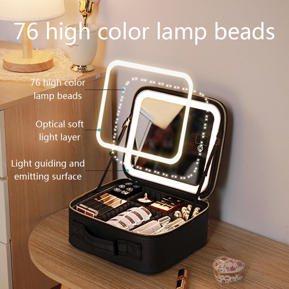 Makeup Storage Case with LED Mirror and Multiple Compartments