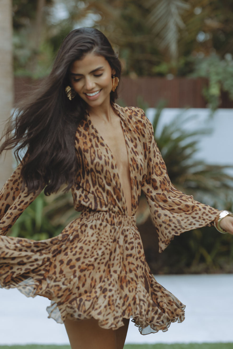 Leopard V-Neck Ruffle Dress