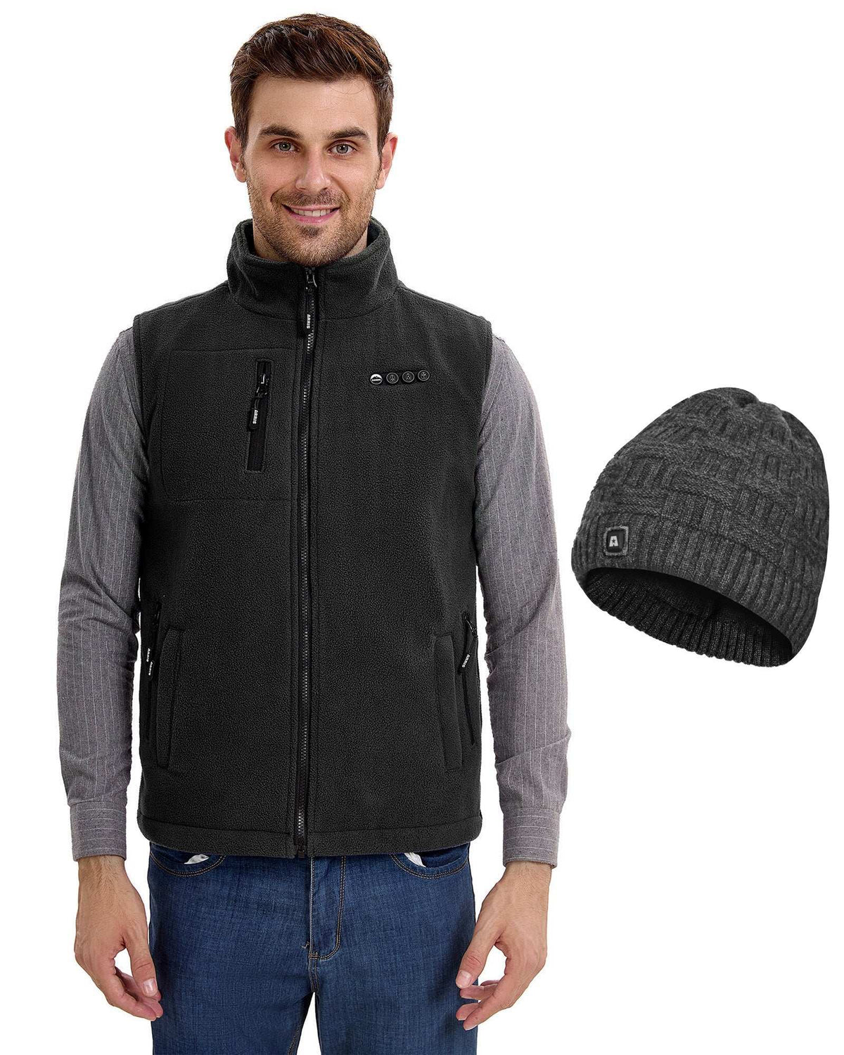 Battery Powered Heated Vest and Knit Cap Set with 8 Carbon Fiber Zones for Winter Work