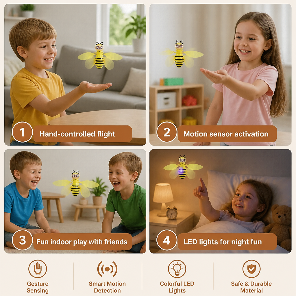 Hand Controlled Flying Bee Toy with Motion Sensor and LED Lights in Yellow Or Pink