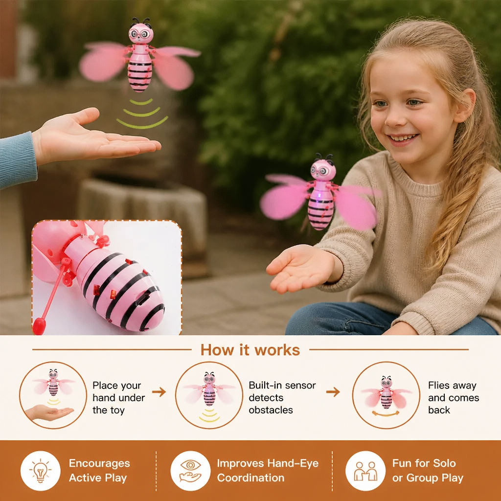 Hand Controlled Flying Bee Toy with Motion Sensor and LED Lights in Yellow Or Pink