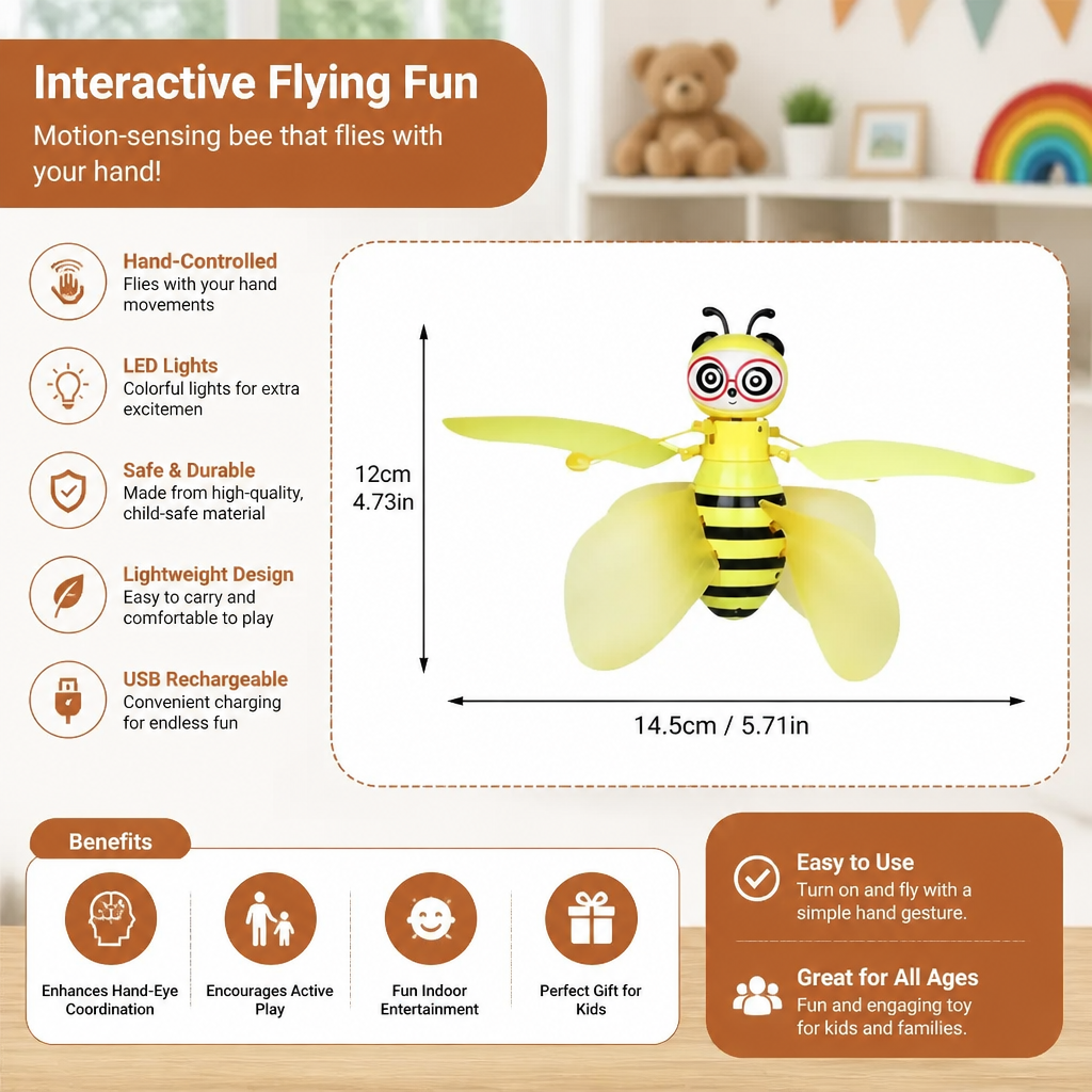 Hand Controlled Flying Bee Toy with Motion Sensor and LED Lights in Yellow Or Pink