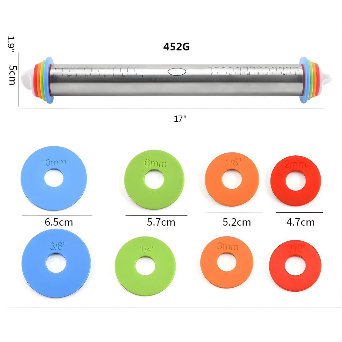 Adjustable Stainless Steel Rolling Pin with Silicone Grip and Thickness Rings, 17 Inch