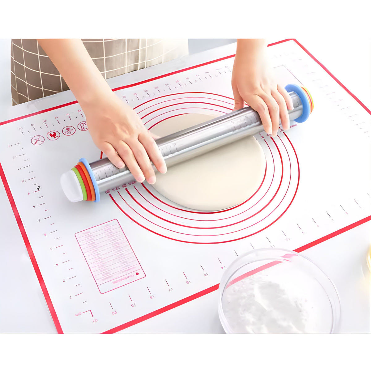 Adjustable Stainless Steel Rolling Pin with Silicone Grip and Thickness Rings, 17 Inch