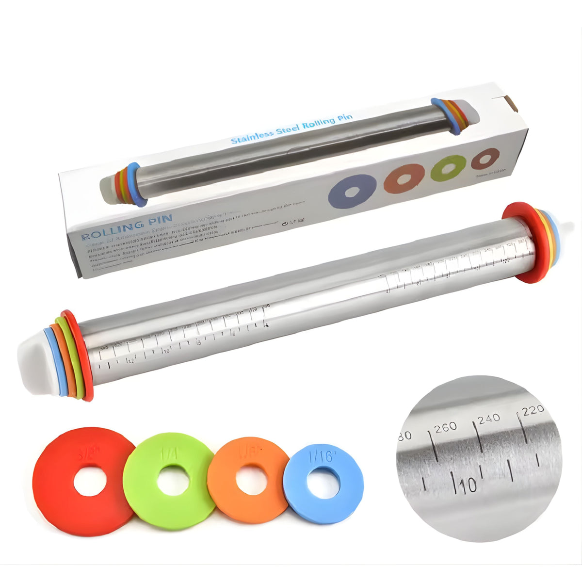 Adjustable Stainless Steel Rolling Pin with Silicone Grip and Thickness Rings, 17 Inch