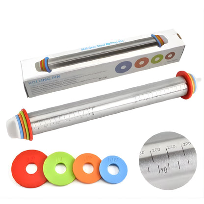 Adjustable Stainless Steel Rolling Pin with Silicone Grip and Thickness Rings, 17 Inch
