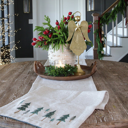 Embroidered Tree Table Runner with Neutral Fabric 74.5 Inches Long