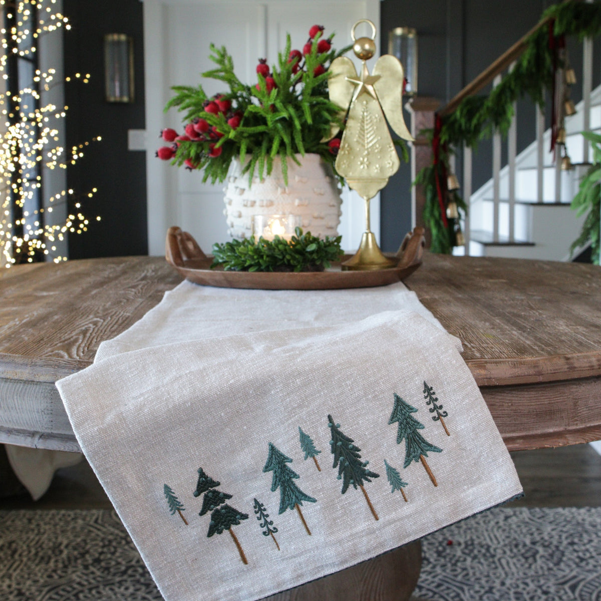 Embroidered Tree Table Runner with Neutral Fabric 74.5 Inches Long