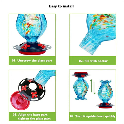 Ocean Blue Glass Hummingbird Feeder with Ant Moat and Feeding Ports