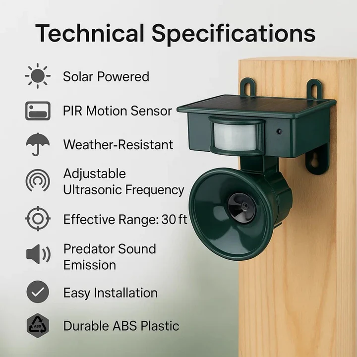 Motion Sensor Bird Deterrent with Adjustable Sound and Sensitivity for Gardens and Patios