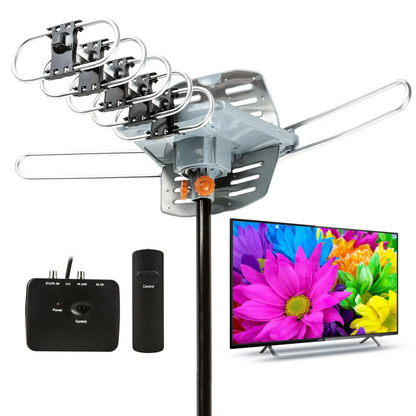 Outdoor Digital TV Antenna with 360 Degree Rotor Motor Wireless Remote and Steel Pole Mount