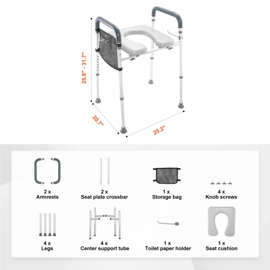 Adjustable Raised Toilet Seat with Padded Armrests and Height Control